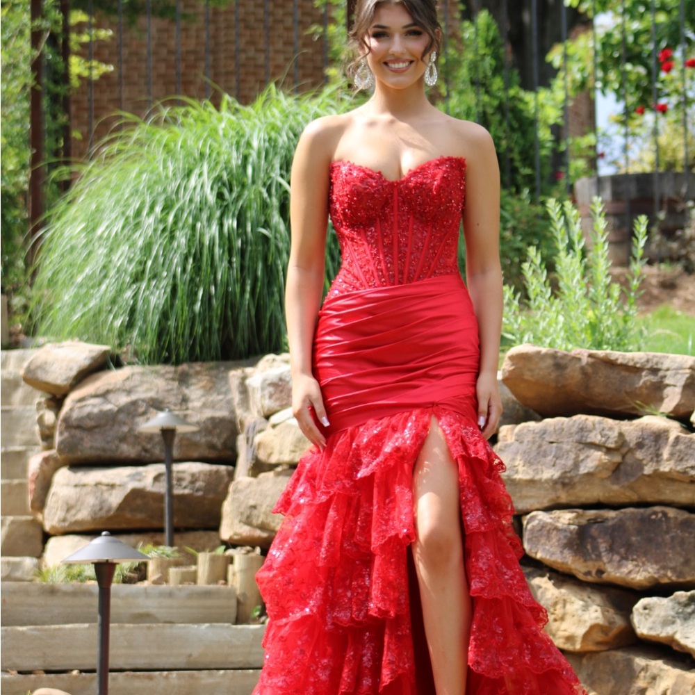 Sherri Hill Vibrant Red Strapless Gown